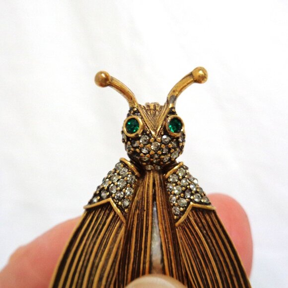 Vintage Pauline Rader signed Trembler Cicada Brooch brass pearl and crystal - Picture 7 of 7